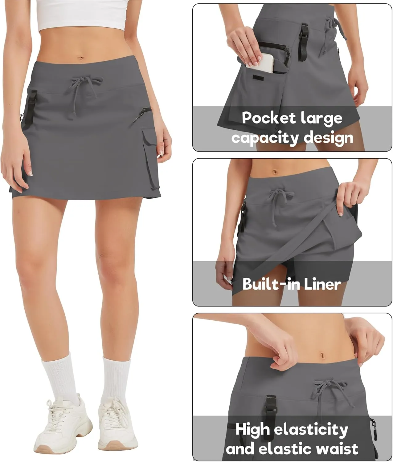 Idtswch Women's 16" High Waisted Hiking Cargo Skort with Zipper Pockets - Quick Dry Golf & Workout Skirt