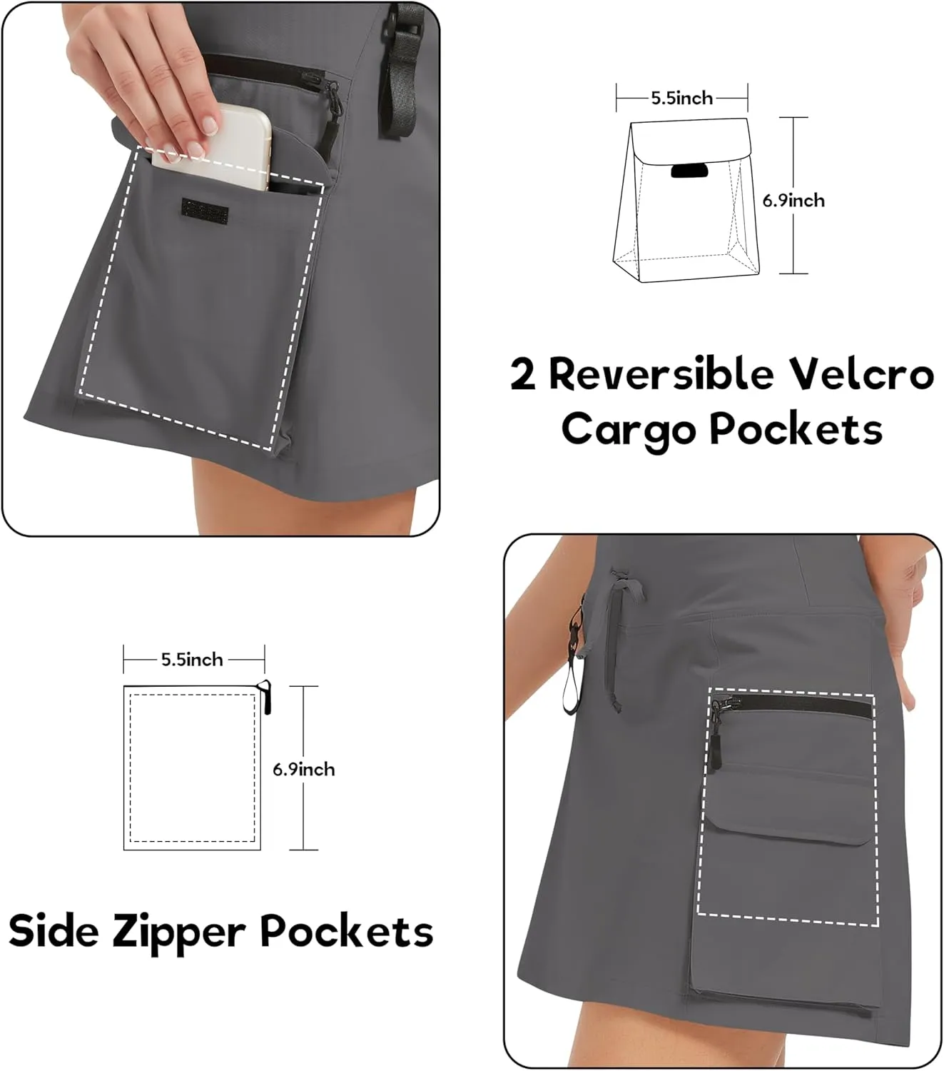 Idtswch Women's 16" High Waisted Hiking Cargo Skort with Zipper Pockets - Quick Dry Golf & Workout Skirt