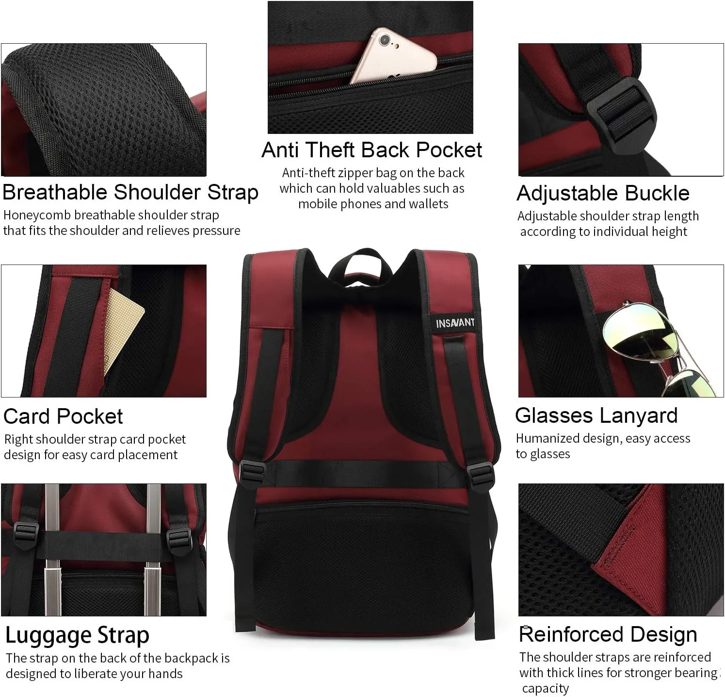 INSAVANT Laptop Backpack 15.6 Inch Water Resistant Backpacks Durable College Travel Daypack Anti Theft with USB Charging Port Best Gift for Men Women (15.6 Inch, Red)