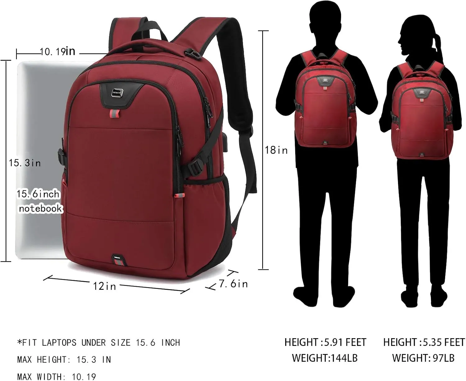 INSAVANT Laptop Backpack 15.6 Inch Water Resistant Backpacks Durable College Travel Daypack Anti Theft with USB Charging Port Best Gift for Men Women (15.6 Inch, Red)