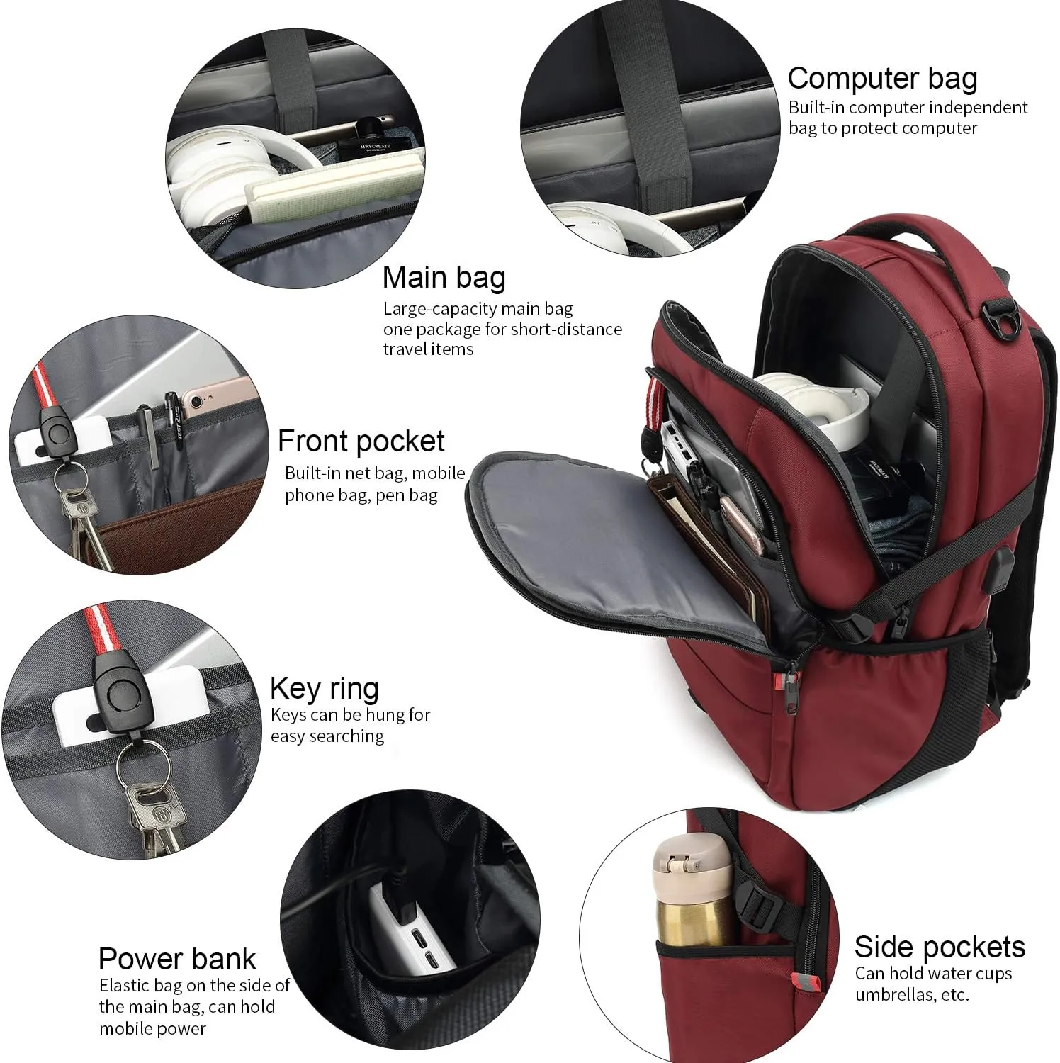 INSAVANT Laptop Backpack 15.6 Inch Water Resistant Backpacks Durable College Travel Daypack Anti Theft with USB Charging Port Best Gift for Men Women (15.6 Inch, Red)