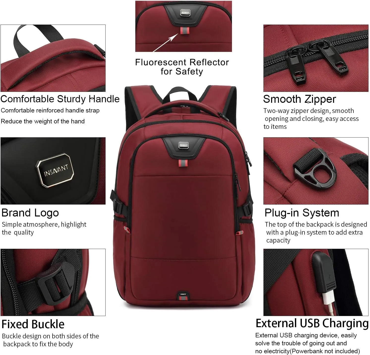 INSAVANT Laptop Backpack 15.6 Inch Water Resistant Backpacks Durable College Travel Daypack Anti Theft with USB Charging Port Best Gift for Men Women (15.6 Inch, Red)