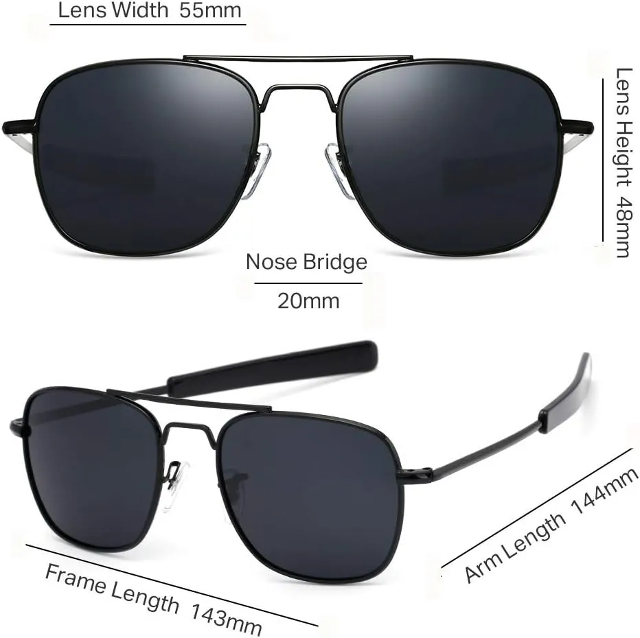 IOHLNG Mens Aviator Sunglasses Polarized 55mm Pilot Military Square Shades with Bayonet Temples