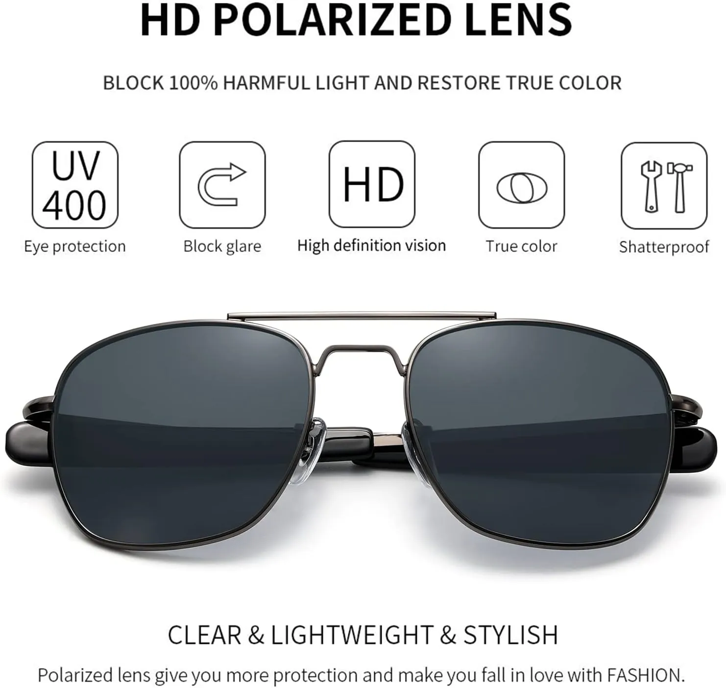 IOHLNG Mens Aviator Sunglasses Polarized 55mm Pilot Military Square Shades with Bayonet Temples