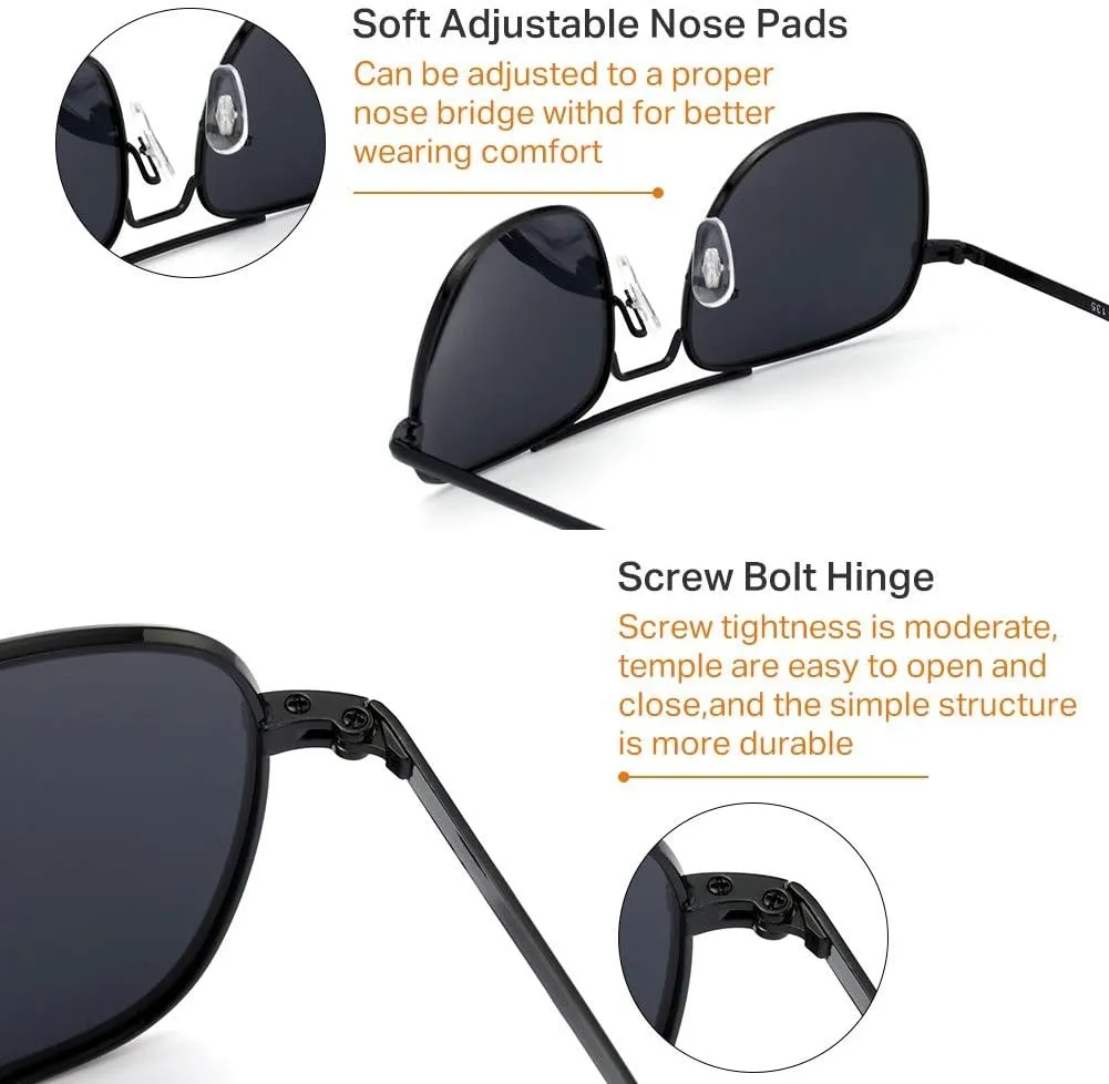 IOHLNG Mens Aviator Sunglasses Polarized 55mm Pilot Military Square Shades with Bayonet Temples