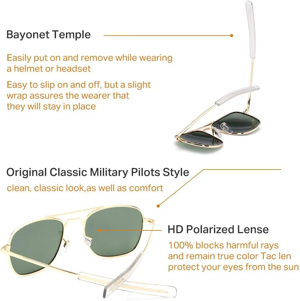 IOHLNG Mens Aviator Sunglasses Polarized 55mm Pilot Military Square Shades with Bayonet Temples