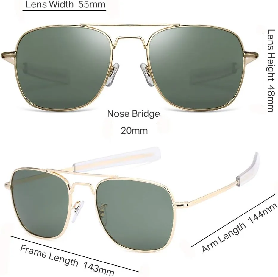 IOHLNG Mens Aviator Sunglasses Polarized 55mm Pilot Military Square Shades with Bayonet Temples