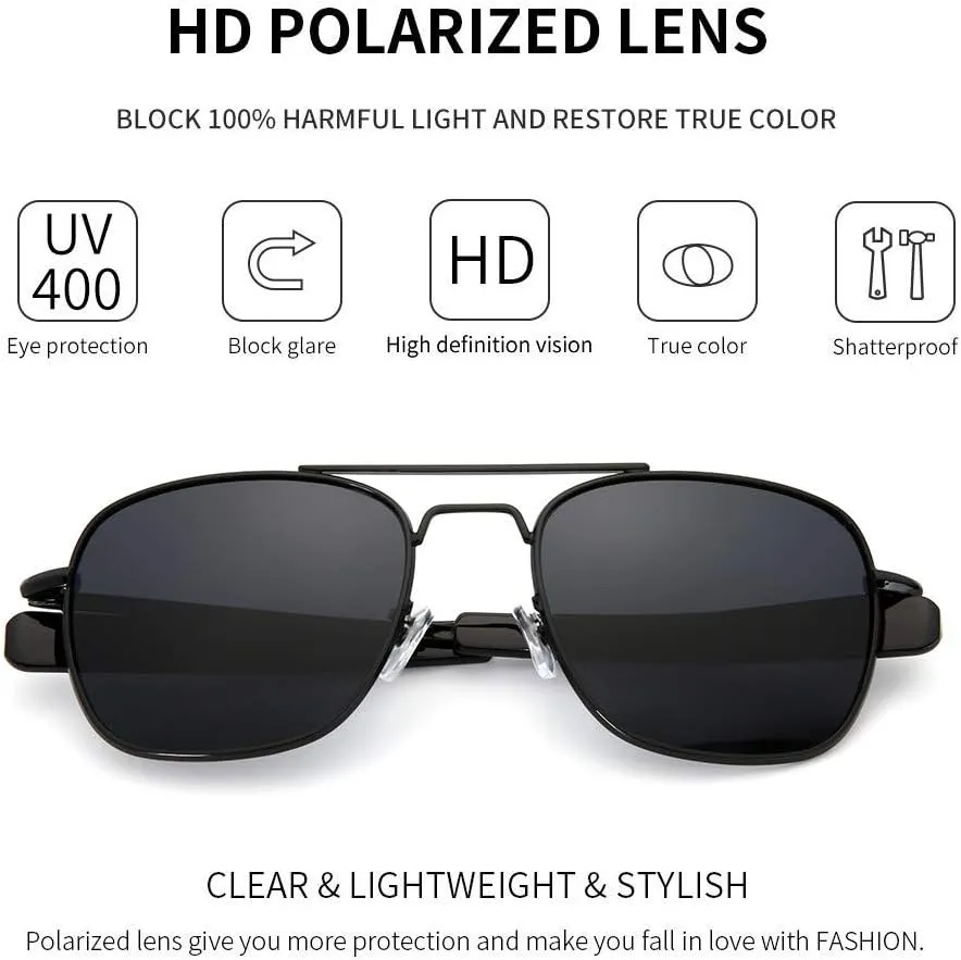 IOHLNG Mens Aviator Sunglasses Polarized 55mm Pilot Military Square Shades with Bayonet Temples