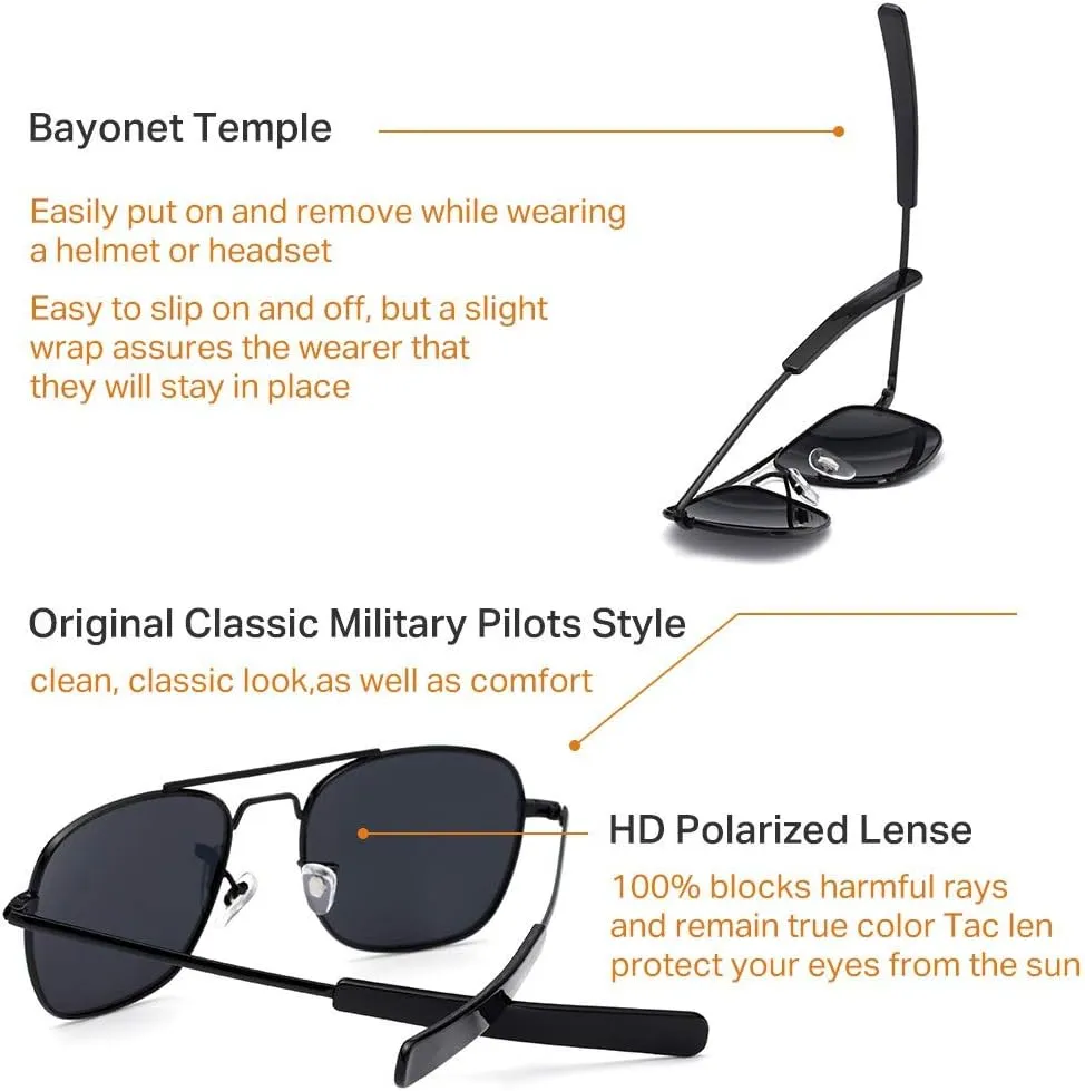 IOHLNG Mens Aviator Sunglasses Polarized 55mm Pilot Military Square Shades with Bayonet Temples