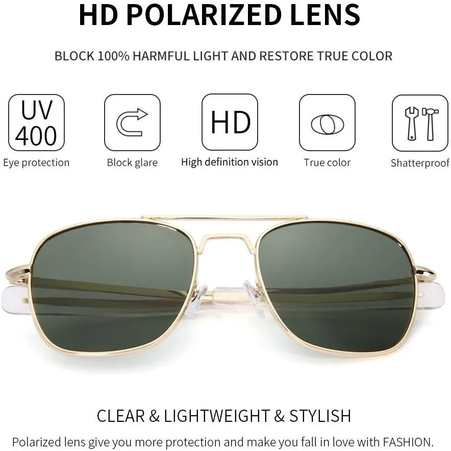 IOHLNG Mens Aviator Sunglasses Polarized 55mm Pilot Military Square Shades with Bayonet Temples