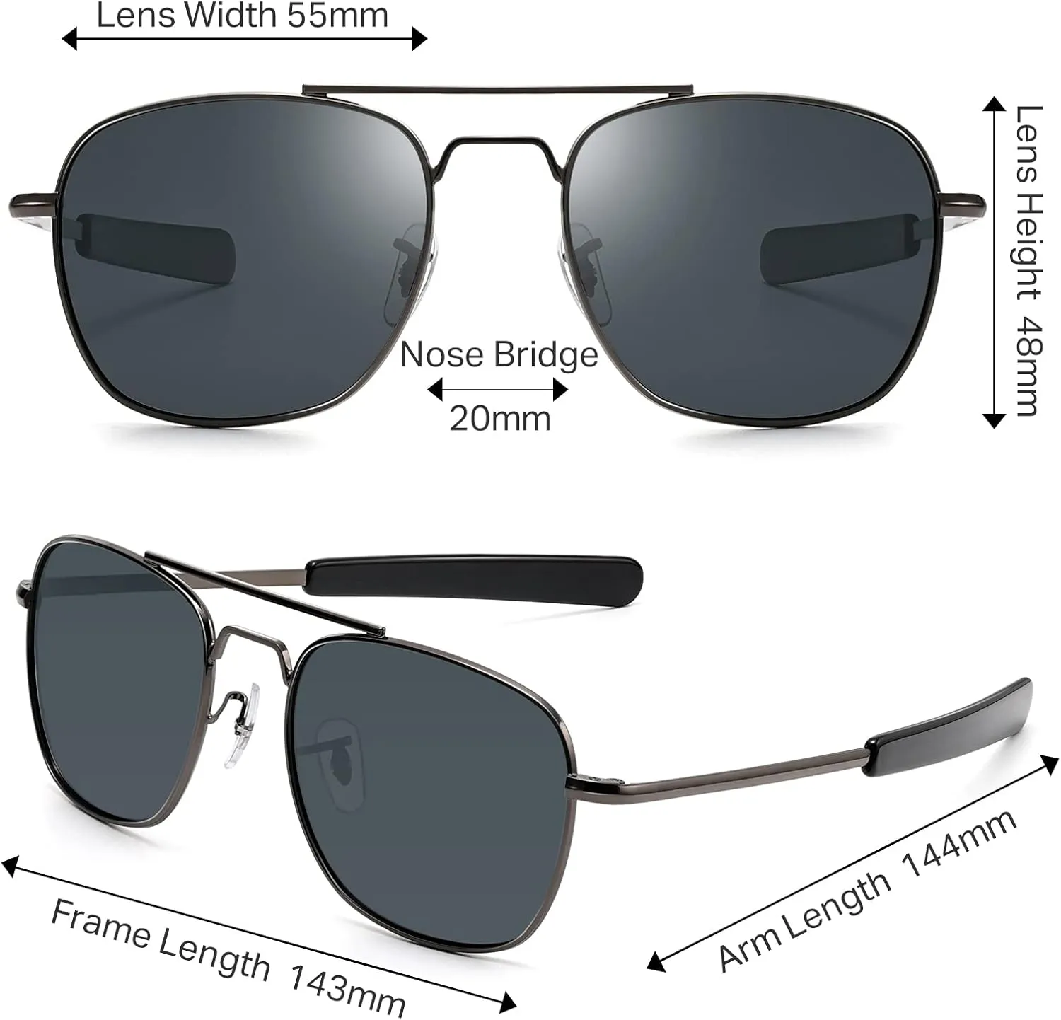 IOHLNG Mens Aviator Sunglasses Polarized 55mm Pilot Military Square Shades with Bayonet Temples