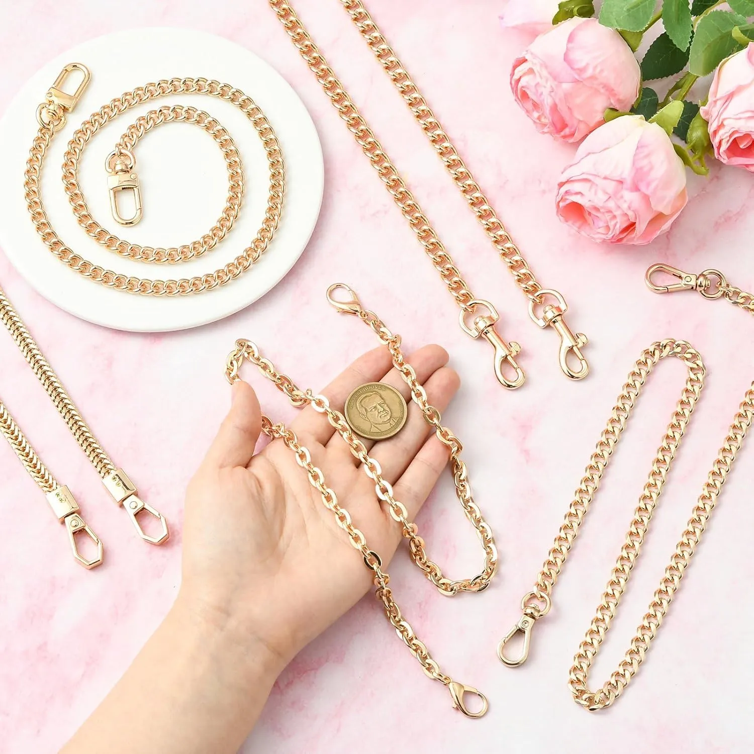 Ipotkitt 5 pcs 5 Styles Metal Purse Chains with Alloy Buckle Hook Golden Color Bag Link Chains Purse Straps Shoulder for DIY Bag Backpack Handbag Replacement Accessories Crafts
