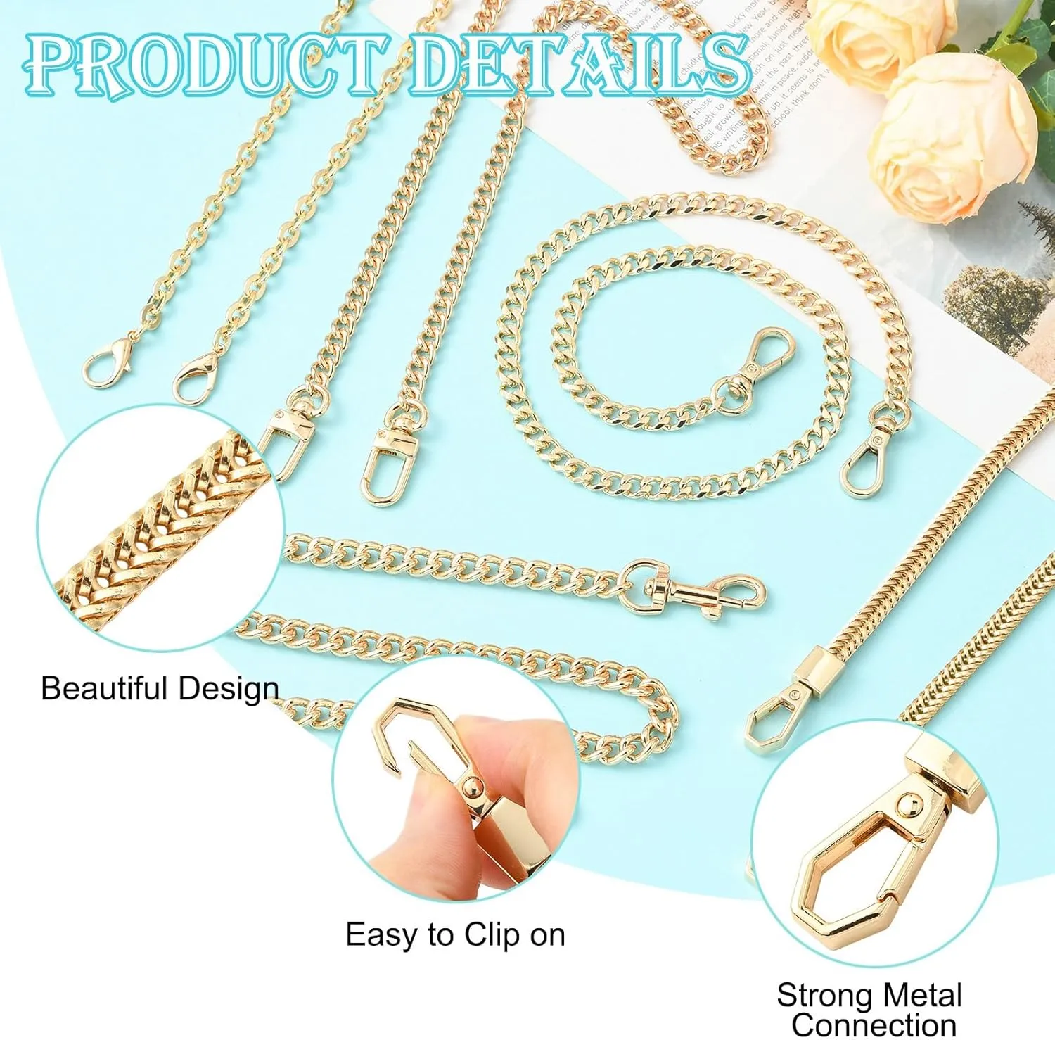 Ipotkitt 5 pcs 5 Styles Metal Purse Chains with Alloy Buckle Hook Golden Color Bag Link Chains Purse Straps Shoulder for DIY Bag Backpack Handbag Replacement Accessories Crafts
