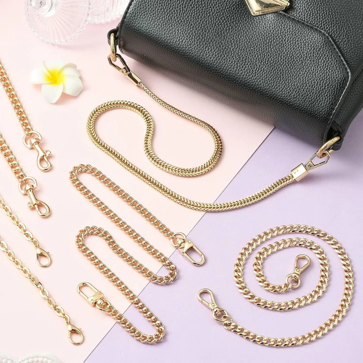 Ipotkitt 5 pcs 5 Styles Metal Purse Chains with Alloy Buckle Hook Golden Color Bag Link Chains Purse Straps Shoulder for DIY Bag Backpack Handbag Replacement Accessories Crafts