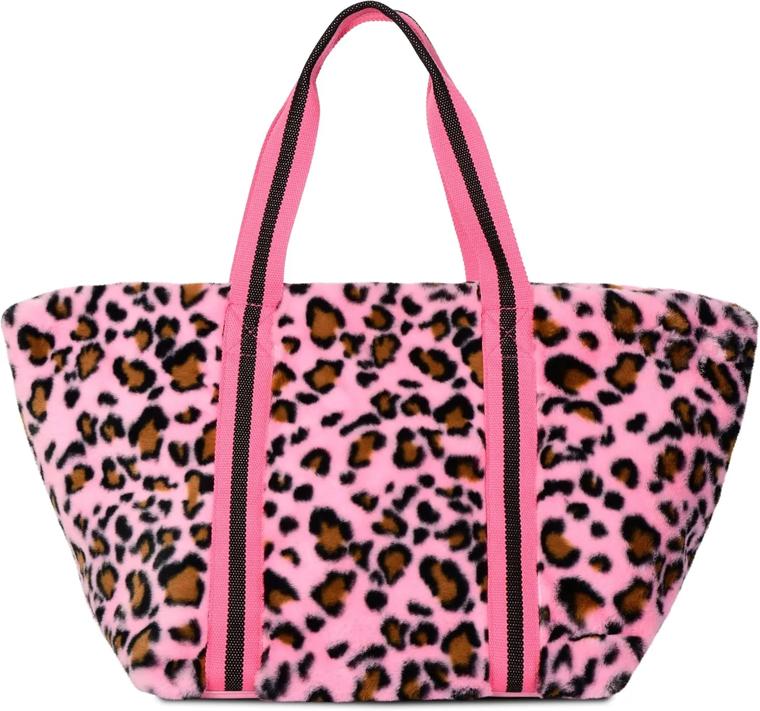 iscream 21" x 12" Overnight Plush Furry Travel Tote Bag with Dual Handles and Zipper Closure - Lush Leopard