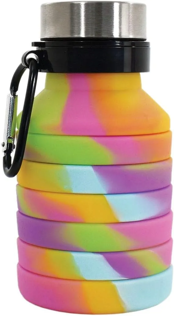iscream BPA Free, 18 oz Collapsible Silicone Bottle with Carabiner - Rainbow Sherbert