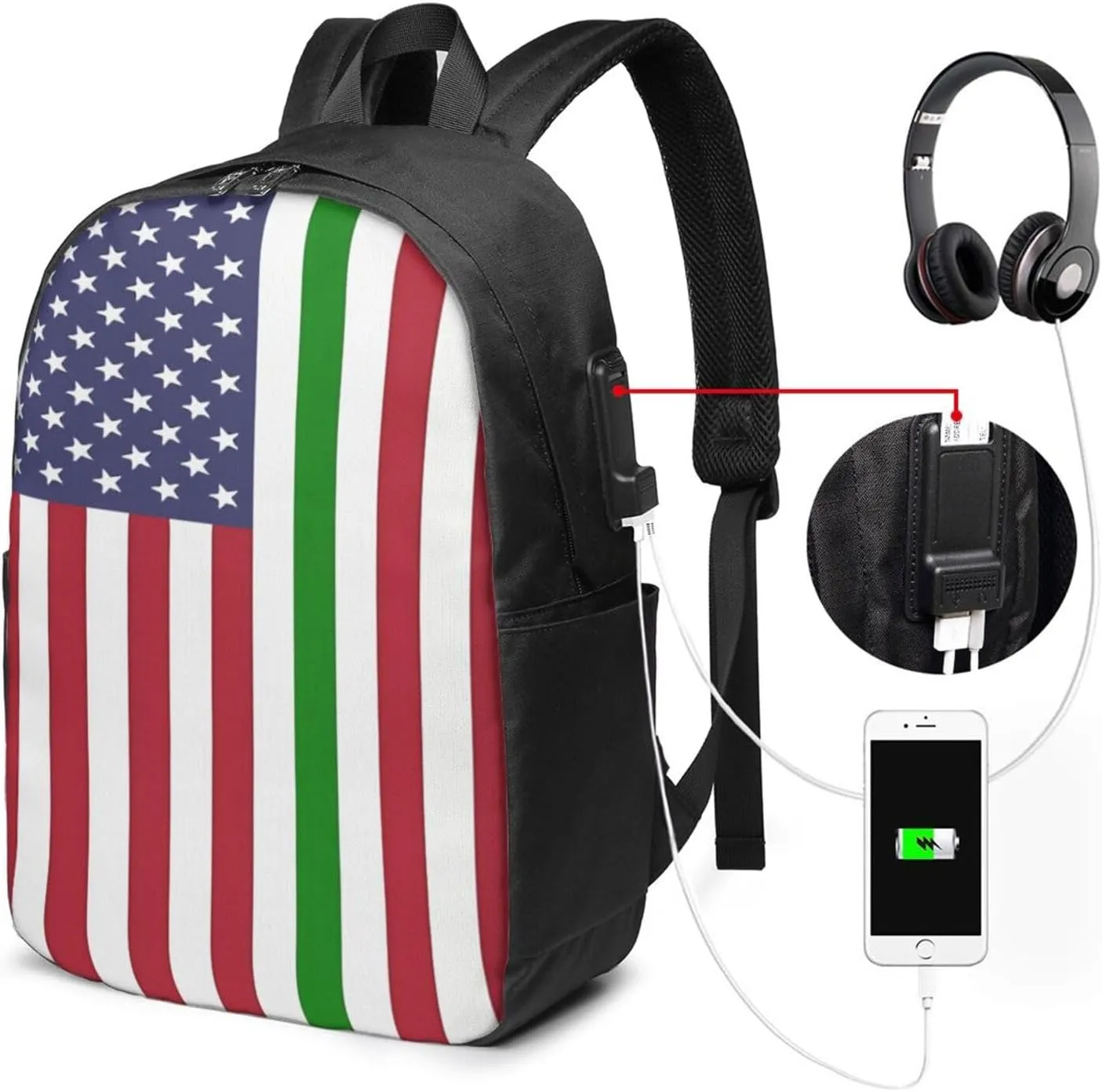 Italian American Flag Laptop Backpacks Travel Backpack Casual Business Daypack Sport Rucksack Computer Bag Fits up to 17 Inch Notebook with USB Port