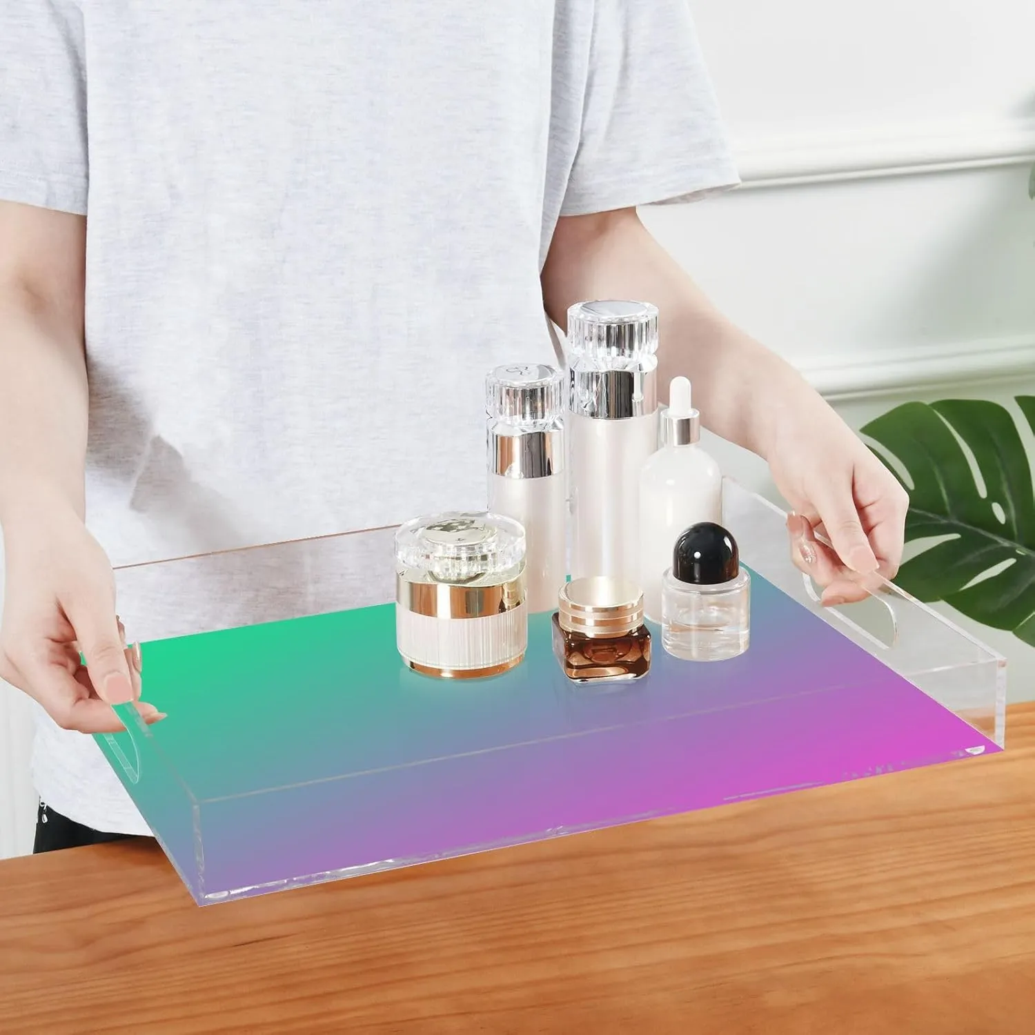 J JOYSAY Alchemist Lab Gradient Serving Tray with Handles Decorative Ottoman Tray Rectangle Acrylic Tray for Crochet Tote Bag Knitting Needles