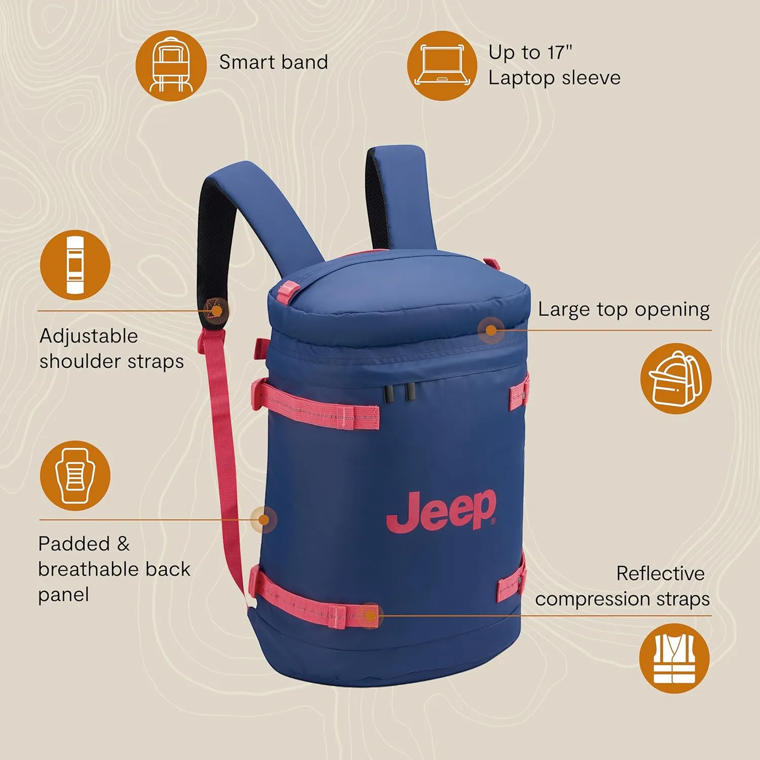 Jeep JS013C Cylindrical Travel Backpack, Warm Sand, 17" Laptop