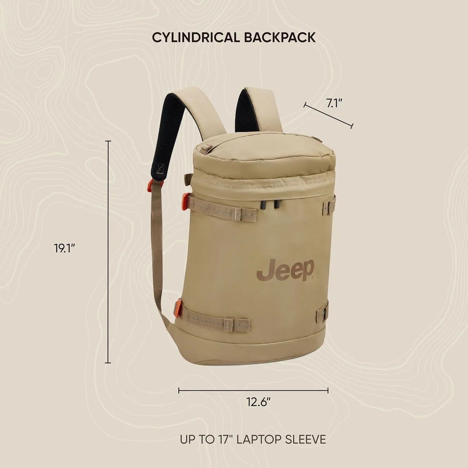 Jeep JS013C Cylindrical Travel Backpack, Warm Sand, 17" Laptop