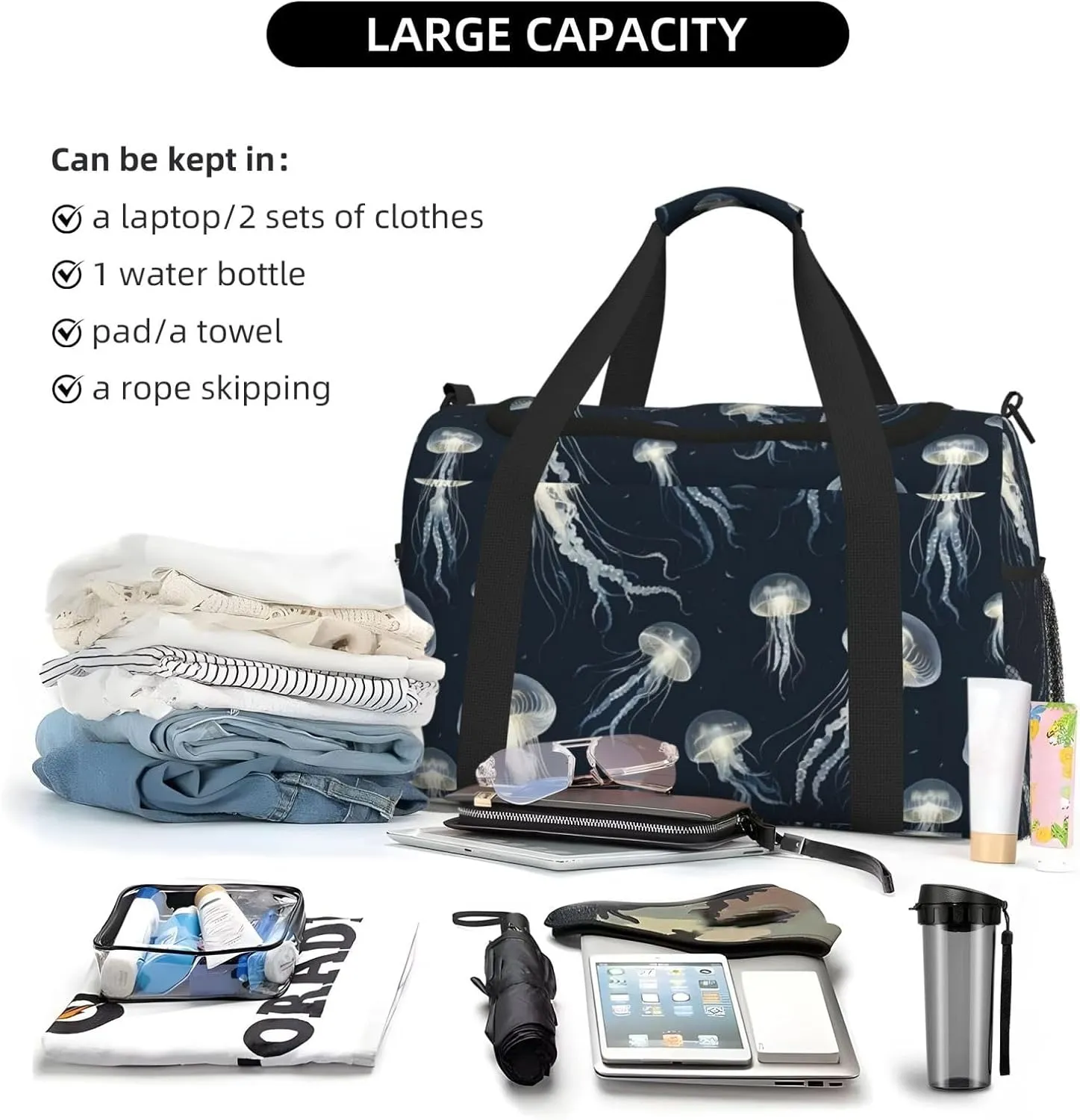 Jellyfish Pattern Travel Duffel Bag With Zippers And Handles, Big Foldable Duffle Bag For Family Vacations