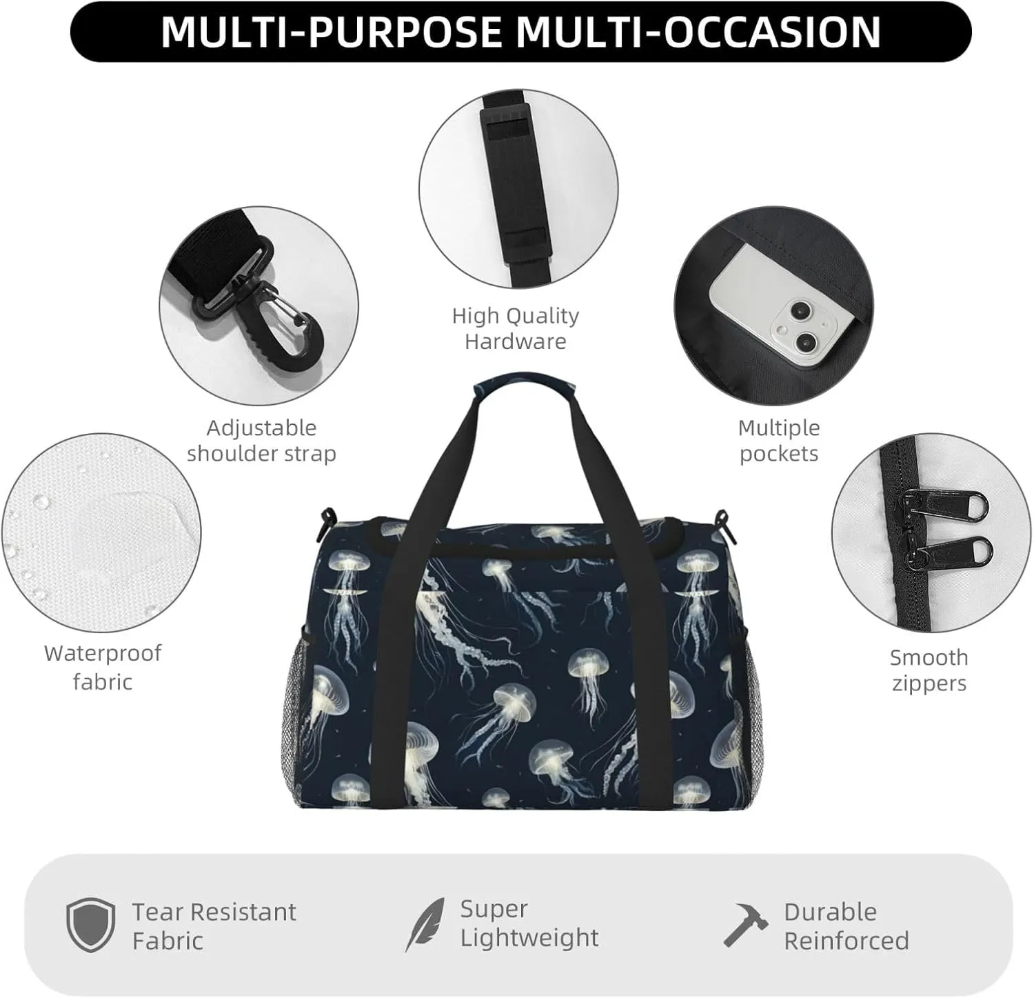 Jellyfish Pattern Travel Duffel Bag With Zippers And Handles, Big Foldable Duffle Bag For Family Vacations