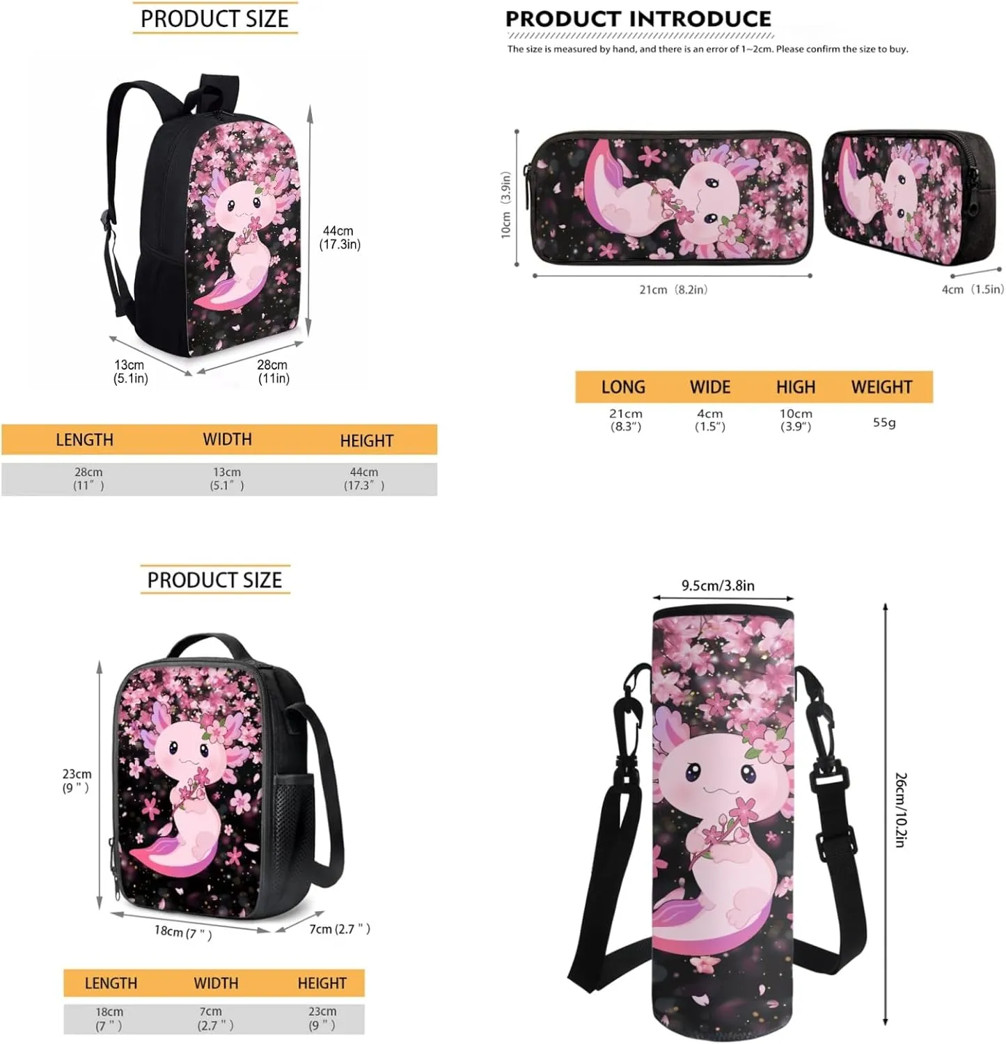 JEOCODY Cute Axolotl Kids Bookbag School Backpack with Lunch Box for Boys,Childrens Backpack for Girls School Bags with Pencil Case and Bottle Holder Set of 4 School Daypack Travel Bag Satchel Bagpack