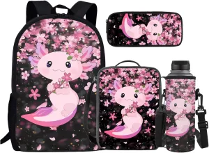 JEOCODY Cute Axolotl Kids Bookbag School Backpack with Lunch Box for Boys,Childrens Backpack for Girls School Bags with Pencil Case and Bottle Holder Set of 4 School Daypack Travel Bag Satchel Bagpack