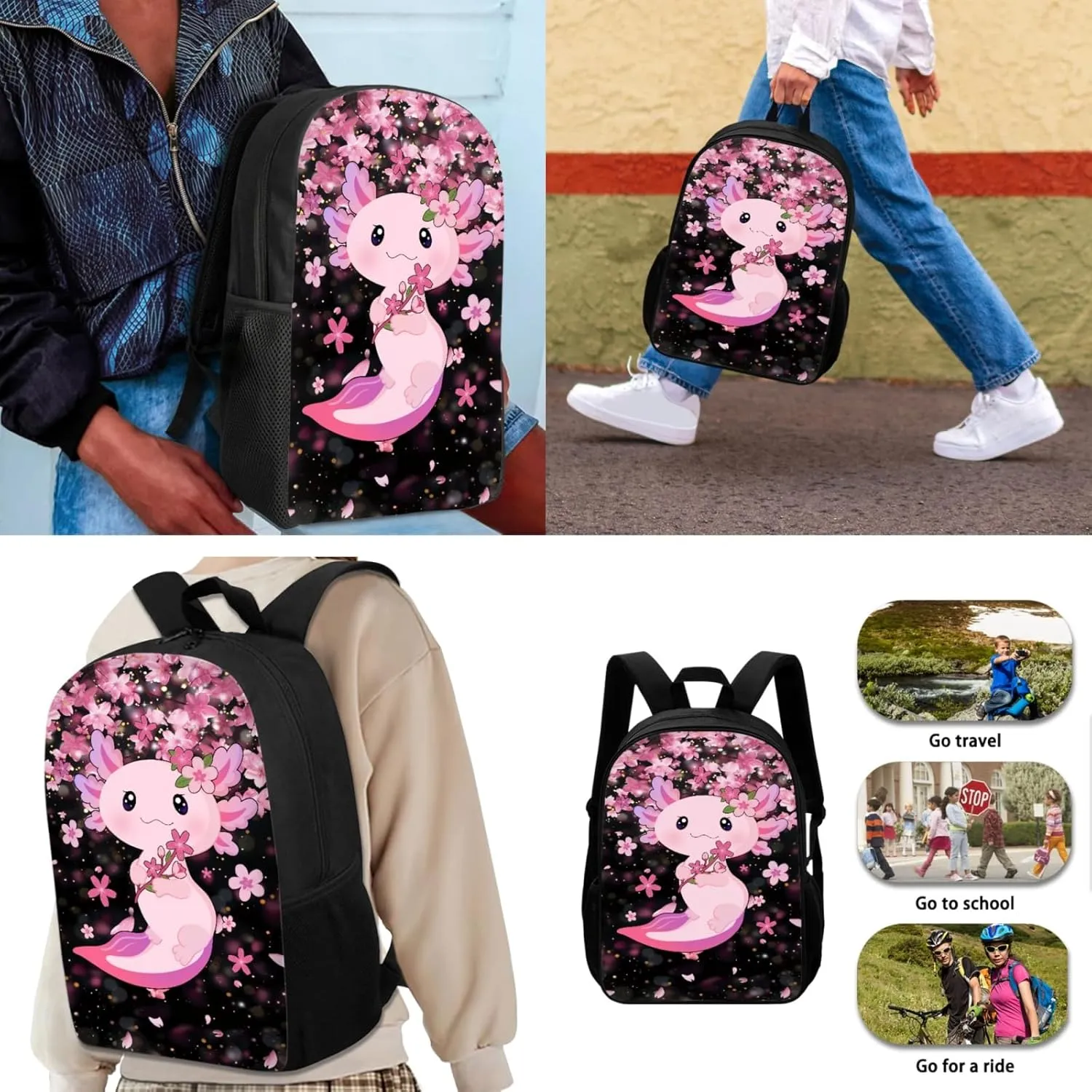 JEOCODY Cute Axolotl Kids Bookbag School Backpack with Lunch Box for Boys,Childrens Backpack for Girls School Bags with Pencil Case and Bottle Holder Set of 4 School Daypack Travel Bag Satchel Bagpack