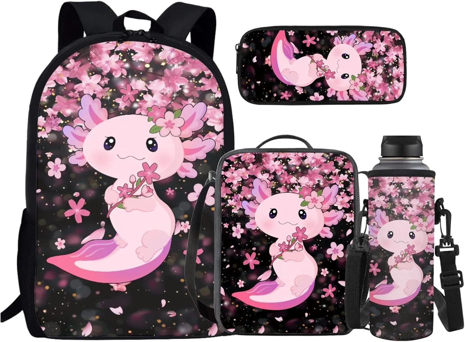 JEOCODY Cute Axolotl Kids Bookbag School Backpack with Lunch Box for Boys,Childrens Backpack for Girls School Bags with Pencil Case and Bottle Holder Set of 4 School Daypack Travel Bag Satchel Bagpack
