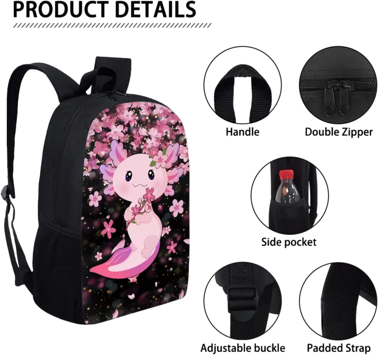 JEOCODY Cute Axolotl Kids Bookbag School Backpack with Lunch Box for Boys,Childrens Backpack for Girls School Bags with Pencil Case and Bottle Holder Set of 4 School Daypack Travel Bag Satchel Bagpack