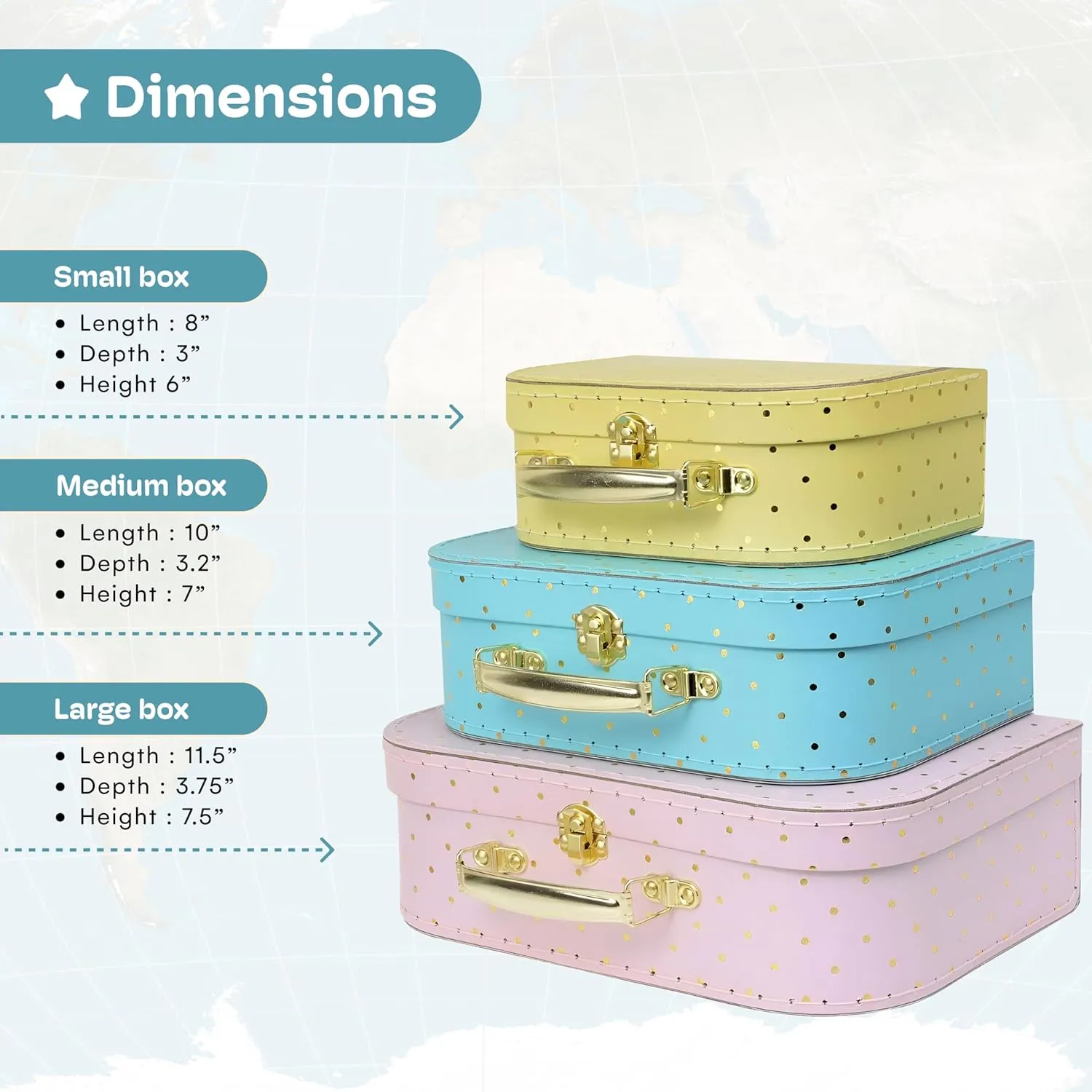 Jewelkeeper Decorative Storage Boxes Set of 3 - World Map Mini Suitcase Style Cardboard Suitcase with Brass Clasps and Handle - Ideal for Travel Decor, Event Props and Gift Presentation