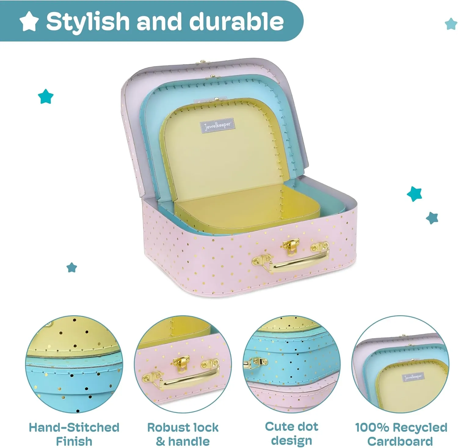 Jewelkeeper Decorative Storage Boxes Set of 3 - World Map Mini Suitcase Style Cardboard Suitcase with Brass Clasps and Handle - Ideal for Travel Decor, Event Props and Gift Presentation