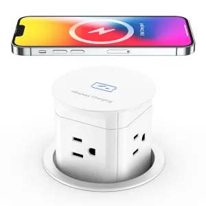 Jgstkcity Pop Up Outlet with 15W Wireless Charger,4 Outlets 15A, Splash Resistant,3 inch Desk Hole Power Grommet,Space Saver Pop Up Power Outlet for Kitchen Countertop,Office Conference Table (White)