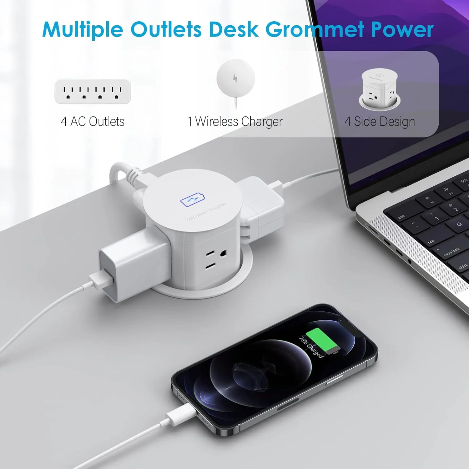 Jgstkcity Pop Up Outlet with 15W Wireless Charger,4 Outlets 15A, Splash Resistant,3 inch Desk Hole Power Grommet,Space Saver Pop Up Power Outlet for Kitchen Countertop,Office Conference Table (White)