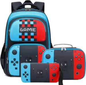 JIANYA Kids Backpack for School Boys Gamer School Bag for Elementary Kids Children 3pcs Boys Backpack with Lunch Box & Pencil Case