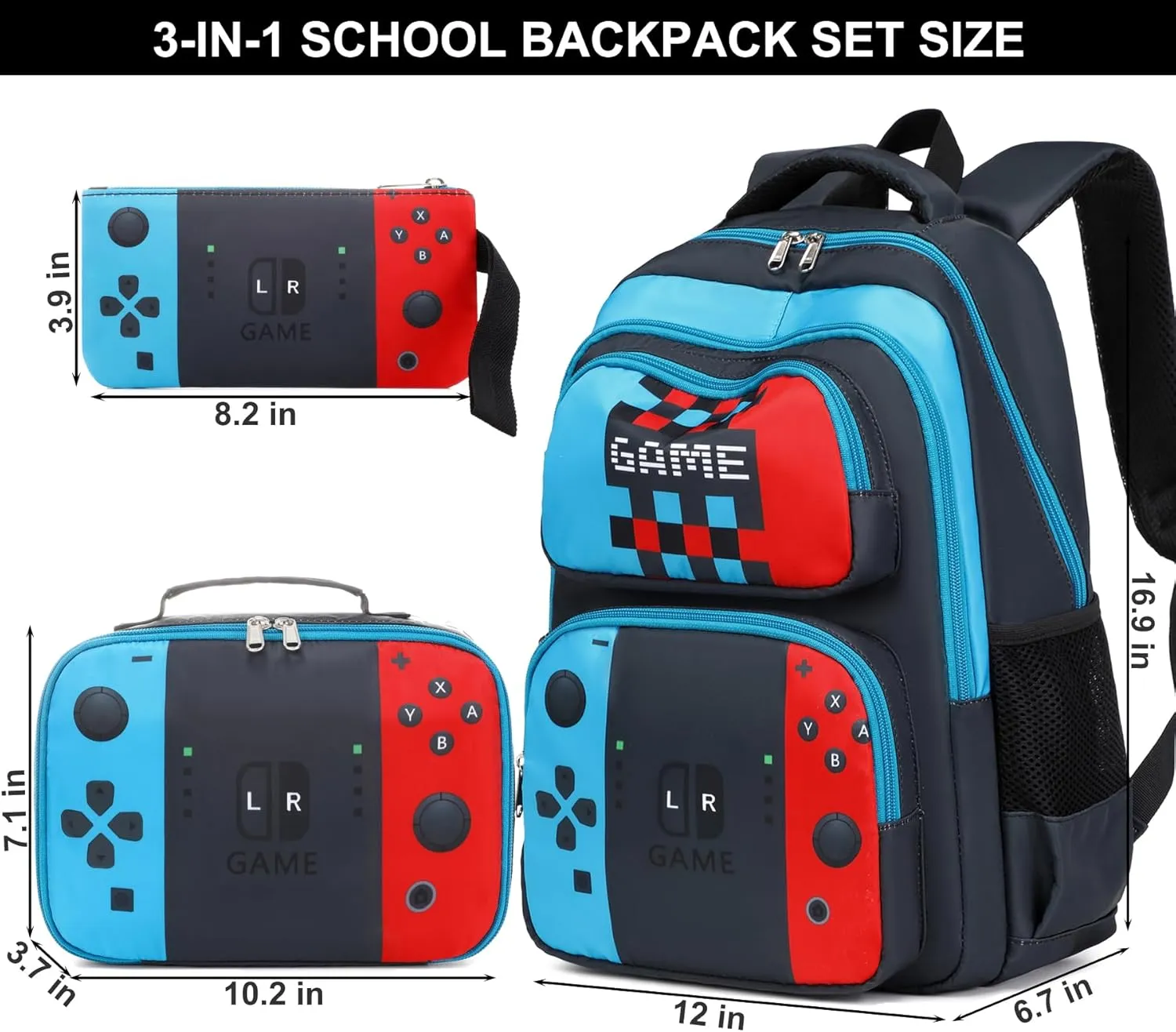 JIANYA Kids Backpack for School Boys Gamer School Bag for Elementary Kids Children 3pcs Boys Backpack with Lunch Box & Pencil Case