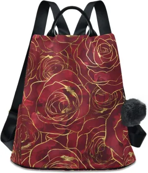 JIPONI Gold Rim Roses Backpack Purse for Women Anti Theft Back Pack Casual Daypack Shoulder Bag