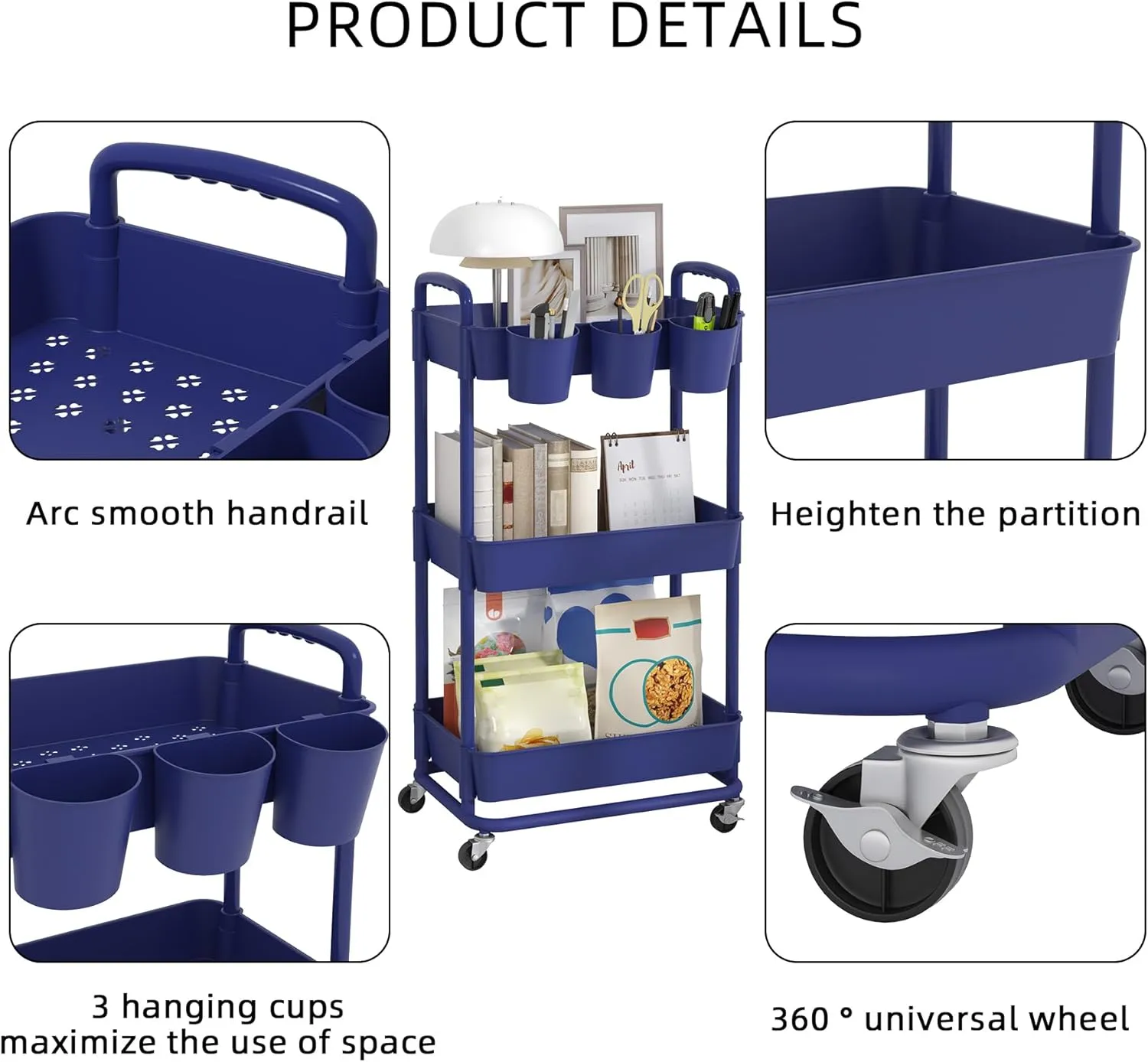 JIUYOTREE 3-Tier Plastic Rolling Storage Cart Utility Cart with Extra Hanging Cups Handles Lockable Wheels for Living Room Bathroom Kitchen Office Blue