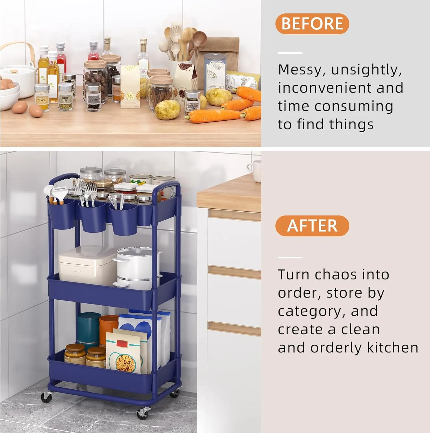 JIUYOTREE 3-Tier Plastic Rolling Storage Cart Utility Cart with Extra Hanging Cups Handles Lockable Wheels for Living Room Bathroom Kitchen Office Blue