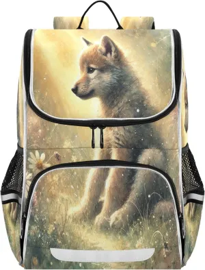 Joko Ivery Sunlit Wolf Cub Golden Kids Backpack for School Bookbag with Water Bottle Holder for Girls Elementary School Boys Travel