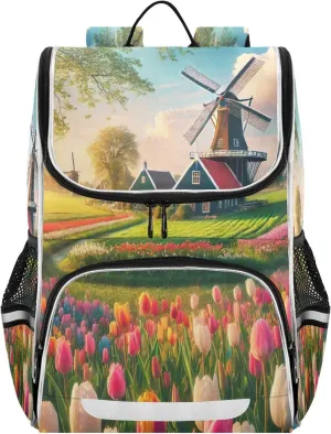 Joko Ivery Windmill Flower Field Kids Backpack for School Bookbag with Adjustable Chest Clip for Boys Girls Elementary School Travel