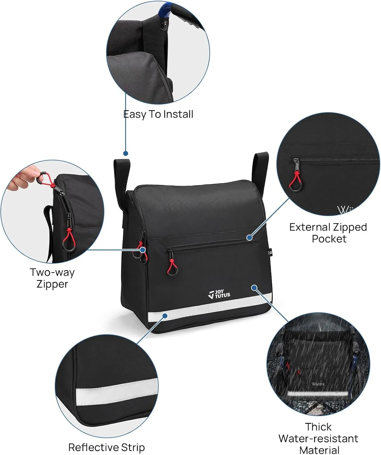JOYTUTUS Wheelchair Bag, Wheelchair Backpack Bag, Wheelchair Accessories Bag with Cup Holder, Storage Pouch Bag with Reflective Stripe for Walker Rollator Wheelchair (15.7 * 15 * 6 in)