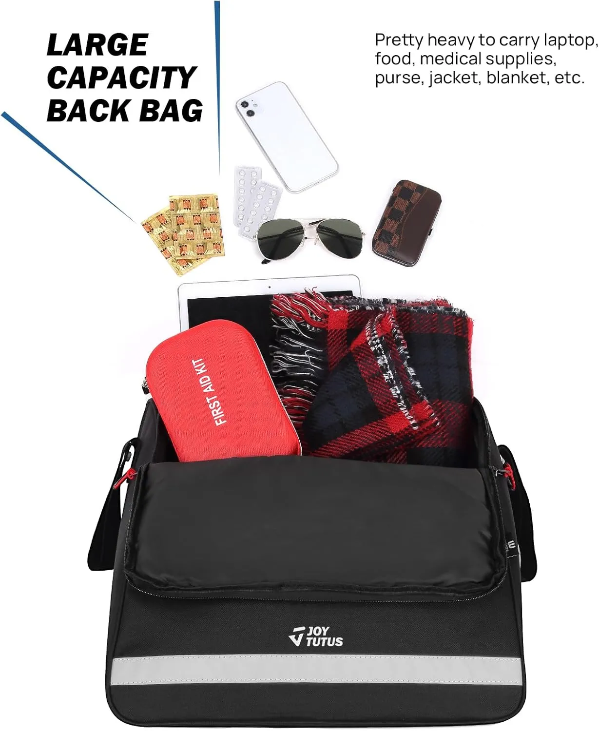 JOYTUTUS Wheelchair Bag, Wheelchair Backpack Bag, Wheelchair Accessories Bag with Cup Holder, Storage Pouch Bag with Reflective Stripe for Walker Rollator Wheelchair (15.7 * 15 * 6 in)