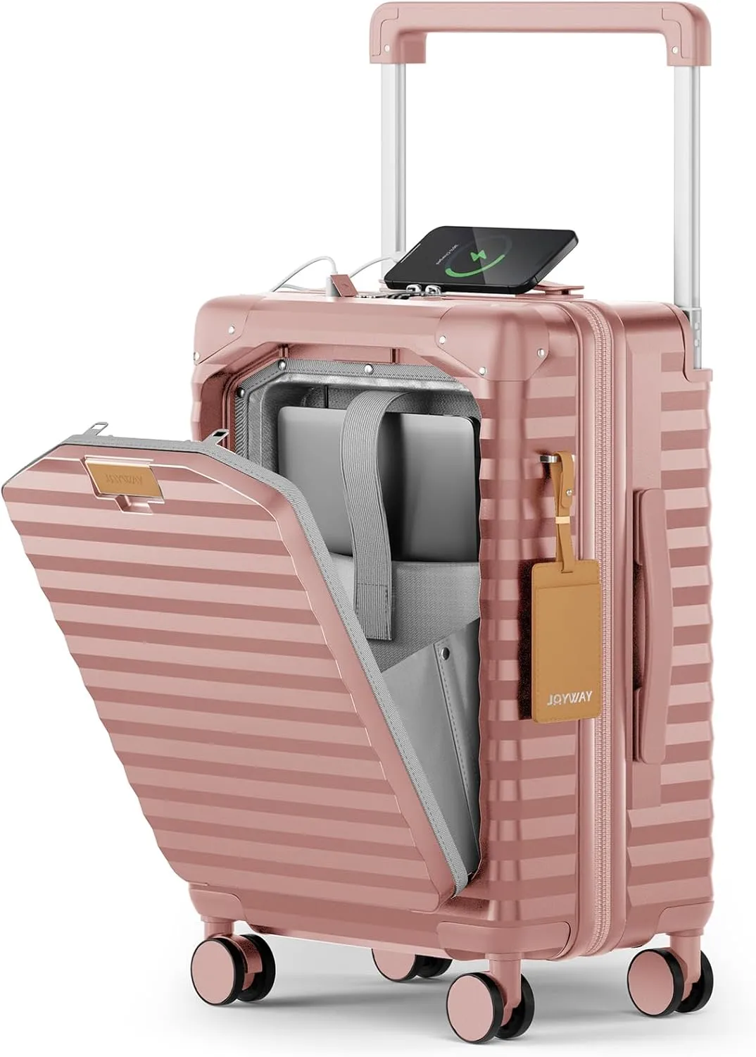 Joyway 20 Inch Carry on Luggage with Front Pocket, PC Hardshell Carry-on Suitcase with USB Port and Cup Holder, Luggage with Spinner Wheels and TSA Lock (Rosa Gold)
