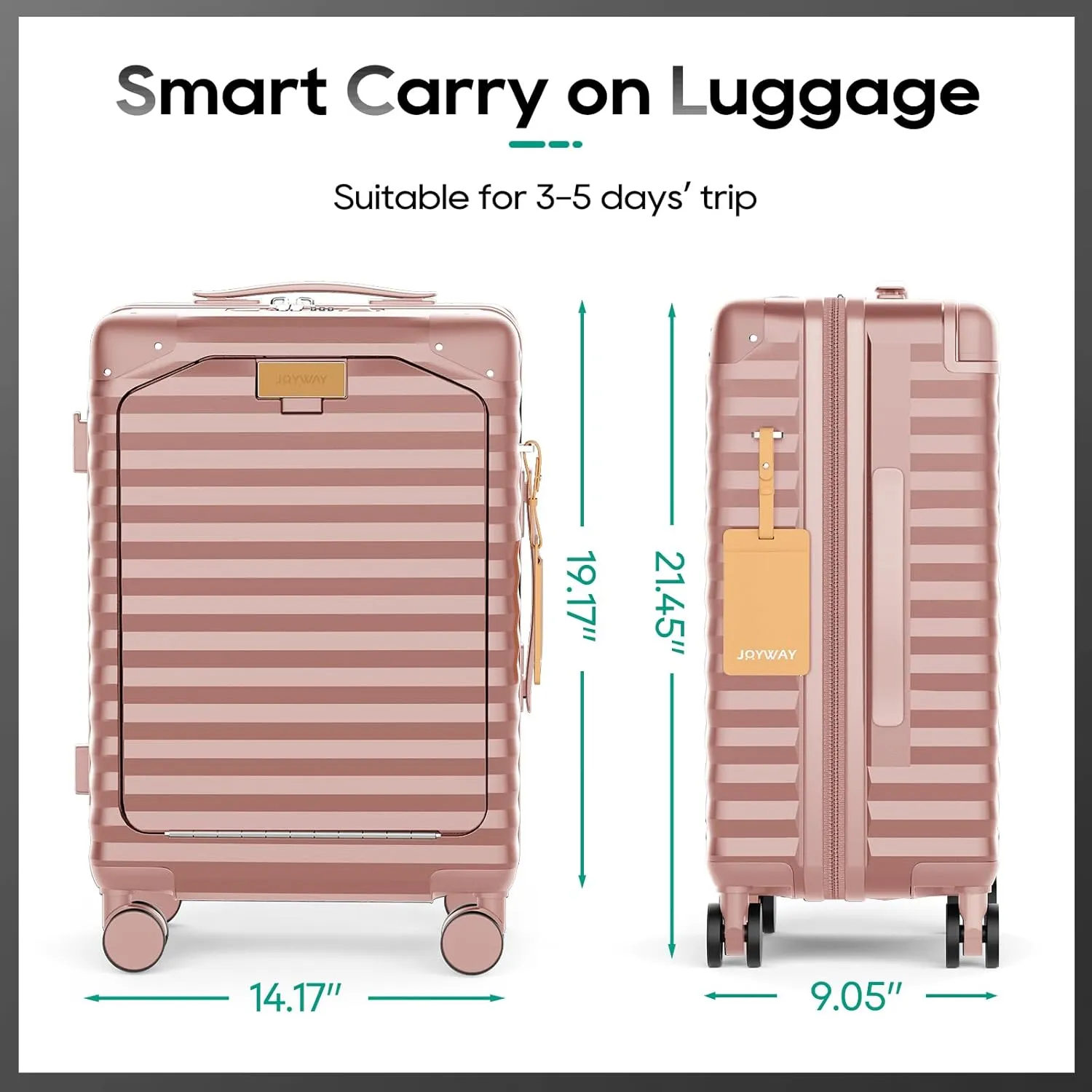 Joyway 20 Inch Carry on Luggage with Front Pocket, PC Hardshell Carry-on Suitcase with USB Port and Cup Holder, Luggage with Spinner Wheels and TSA Lock (Rosa Gold)