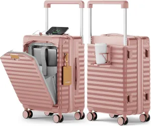 Joyway 20 Inch Carry on Luggage with Front Pocket, PC Hardshell Carry-on Suitcase with USB Port and Cup Holder, Luggage with Spinner Wheels and TSA Lock (Rosa Gold)