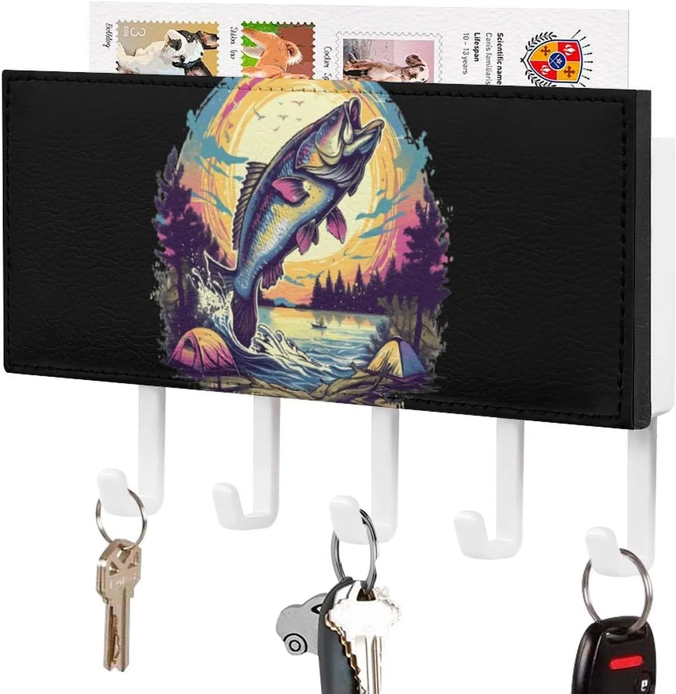 Jumping Bass Fish Novelty Key Holder Funny Keys Hook Mail Organizer Hanging Rack Decor with 5 Hooks for Wall