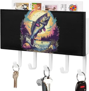 Jumping Bass Fish Novelty Key Holder Funny Keys Hook Mail Organizer Hanging Rack Decor with 5 Hooks for Wall