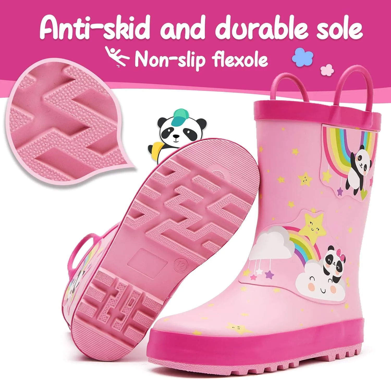 K KomForme Kids Rain Boots Waterproof Printed Rubber boots with Handles